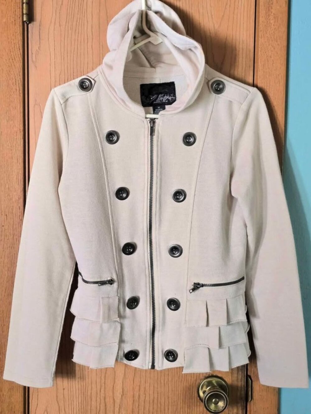 Size M Cream Daytrip Ruffle Faux Button Zipper Pocket Jacket with Hood